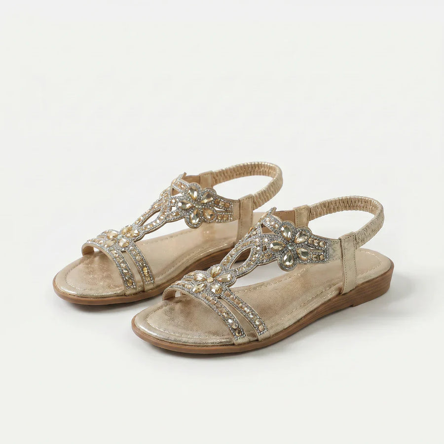 Sandali ortopedici boho beige con strass e cinturini traforati, tacco basso