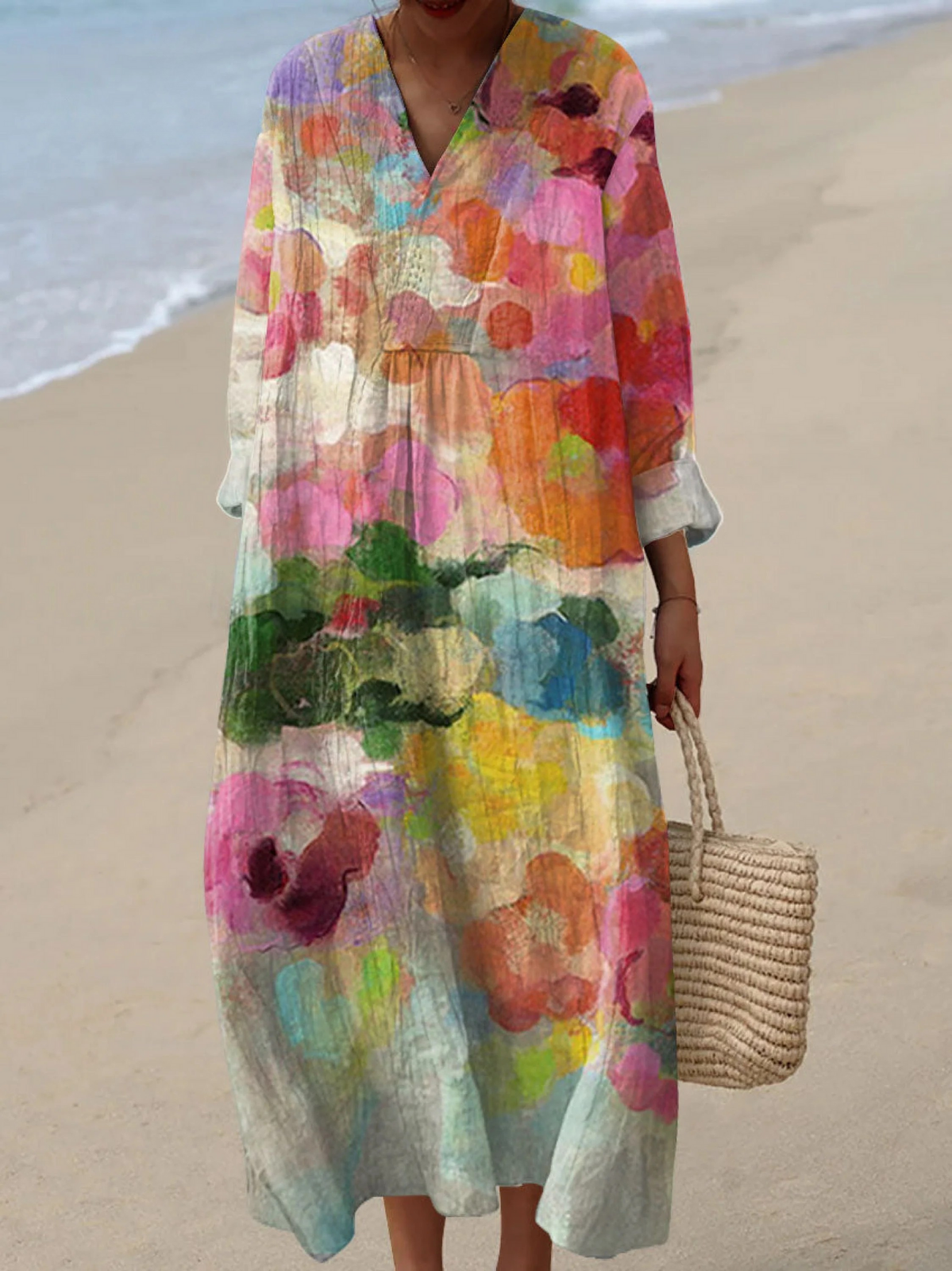 Boho maxi dress, V-neck, loose fit, multicolor floral print with gathered waist
