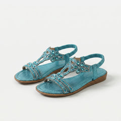 Sandali ortopedici boho azzurri con strass, cinturini frontali e suola in legno