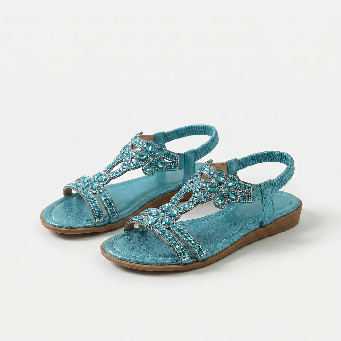 Sandali ortopedici boho azzurri con strass, cinturini frontali e suola in legno