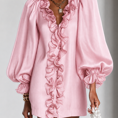 Pink satin mini dress with voluminous ruffles on neckline and puff sleeves
