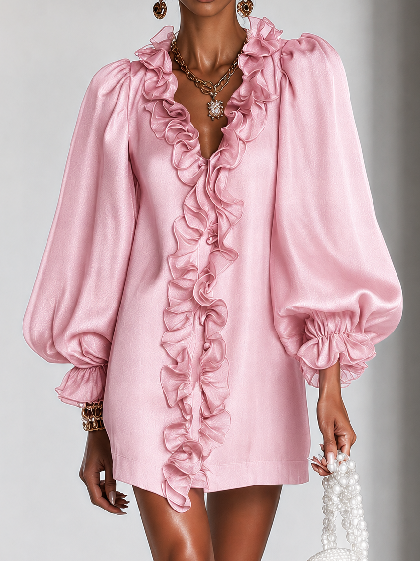 Pink satin mini dress with voluminous ruffles on neckline and puff sleeves