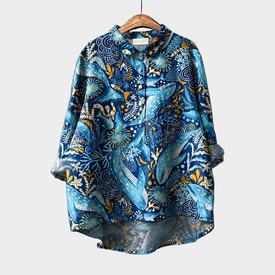 Blusa estiva elegante blu scuro con colletto e bottoni, maniche ampie fantasia mare