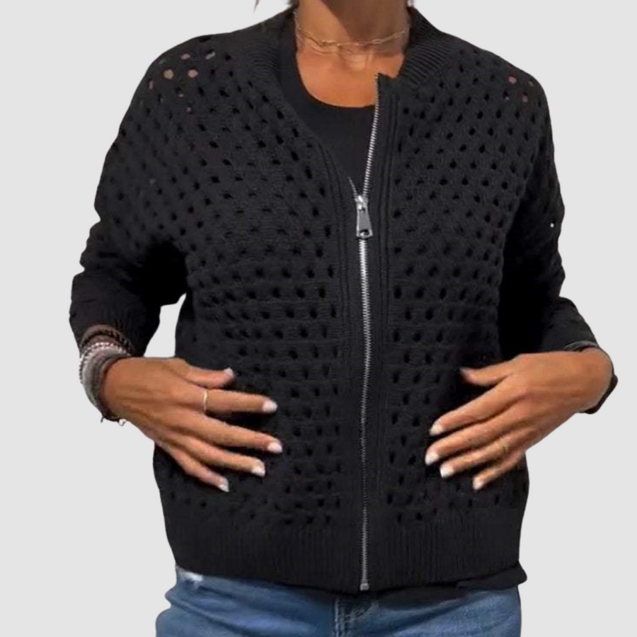 Black knitted cardigan with zipper front and textured openwork dot pattern