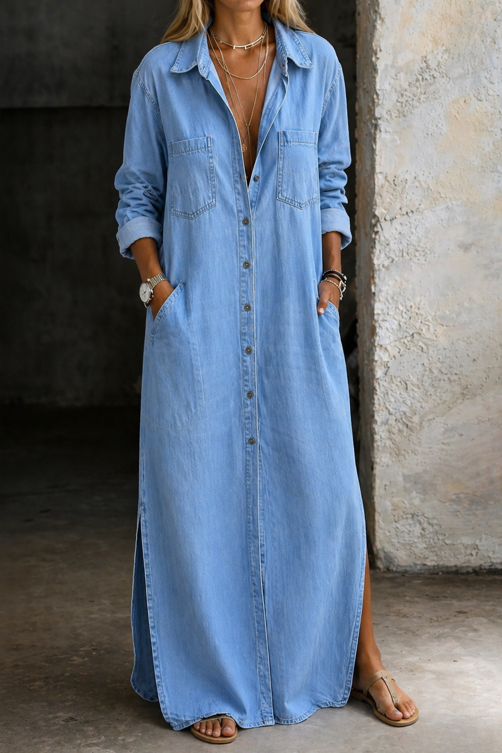 Light blue button-through denim dress with collar, chest pockets, and front slit