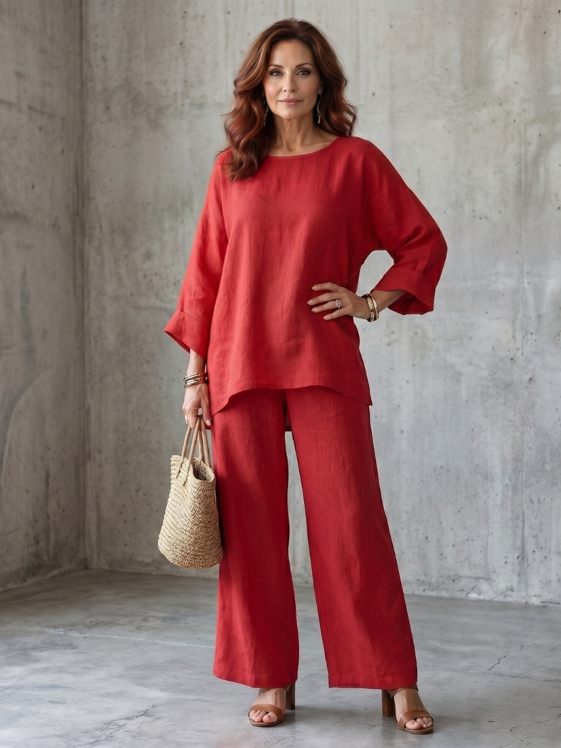 Red oversized tunic and wide-leg pants set with cuffed sleeves and relaxed fit