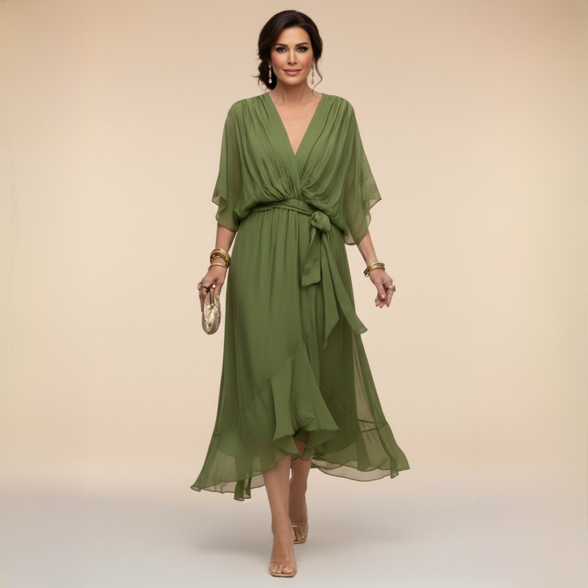 Olive green V-neck tie-waist midi dress with draped sleeves and flowing chiffon skirt