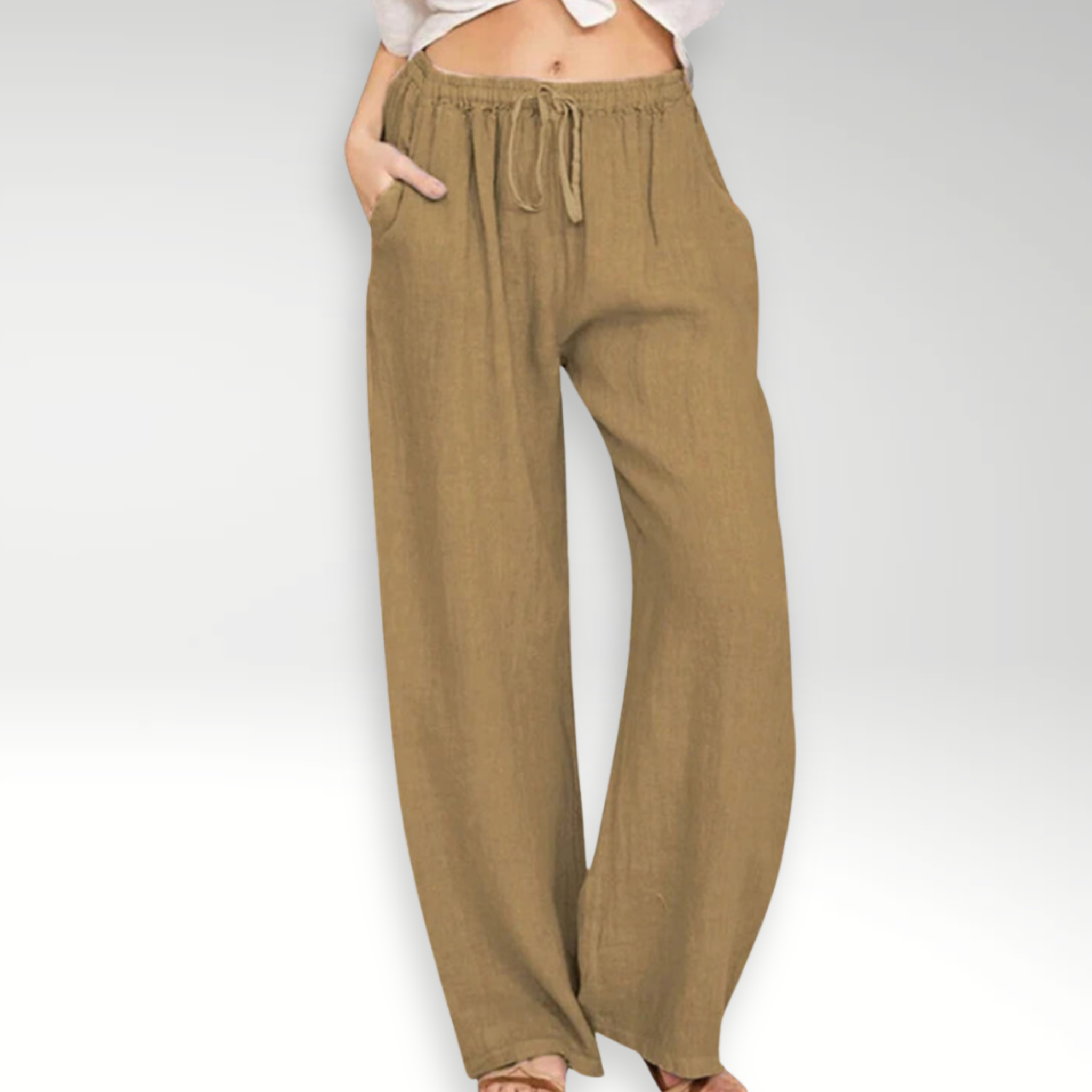 Pantaloni comodi a gamba larga in lino marrone con vita elasticizzata e coulisse