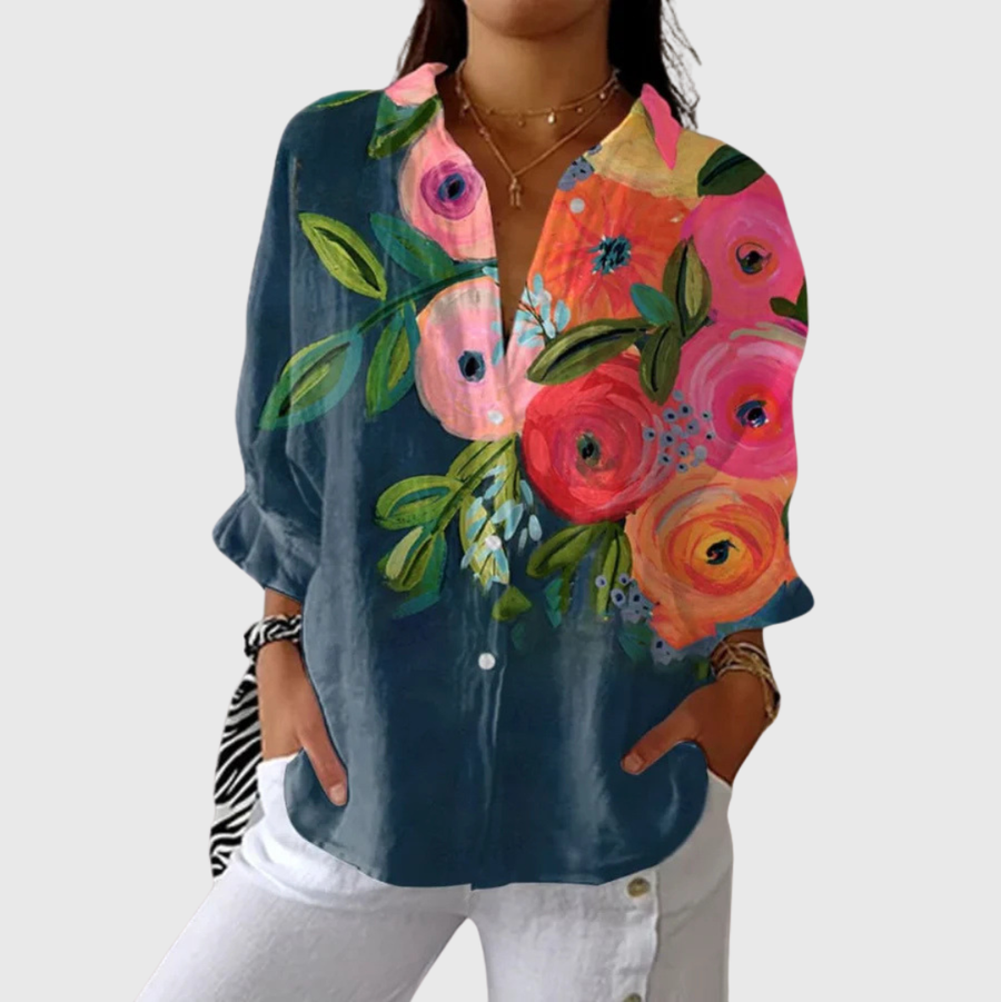 Blusa leggera stampata multicolore, scollo a V con bottoni, maniche lunghe