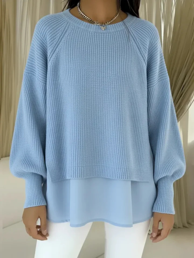 Light blue layered-look sweater with ribbed knit and wide sleeves