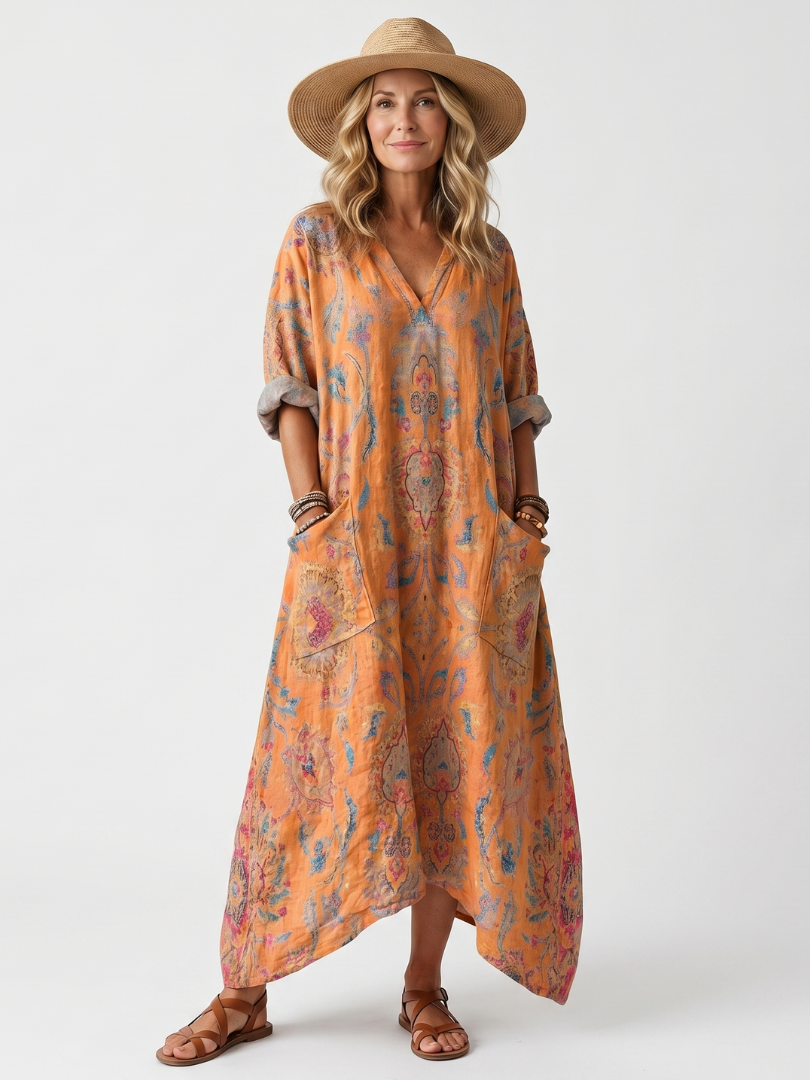 Orange printed midi dress with notch neckline, oversized pockets, and relaxed drape