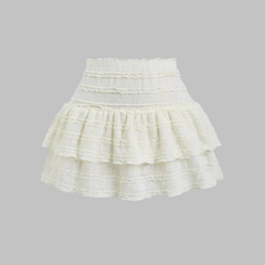 Ivory tiered ruffle skort with wide elastic waistband and layered tiers