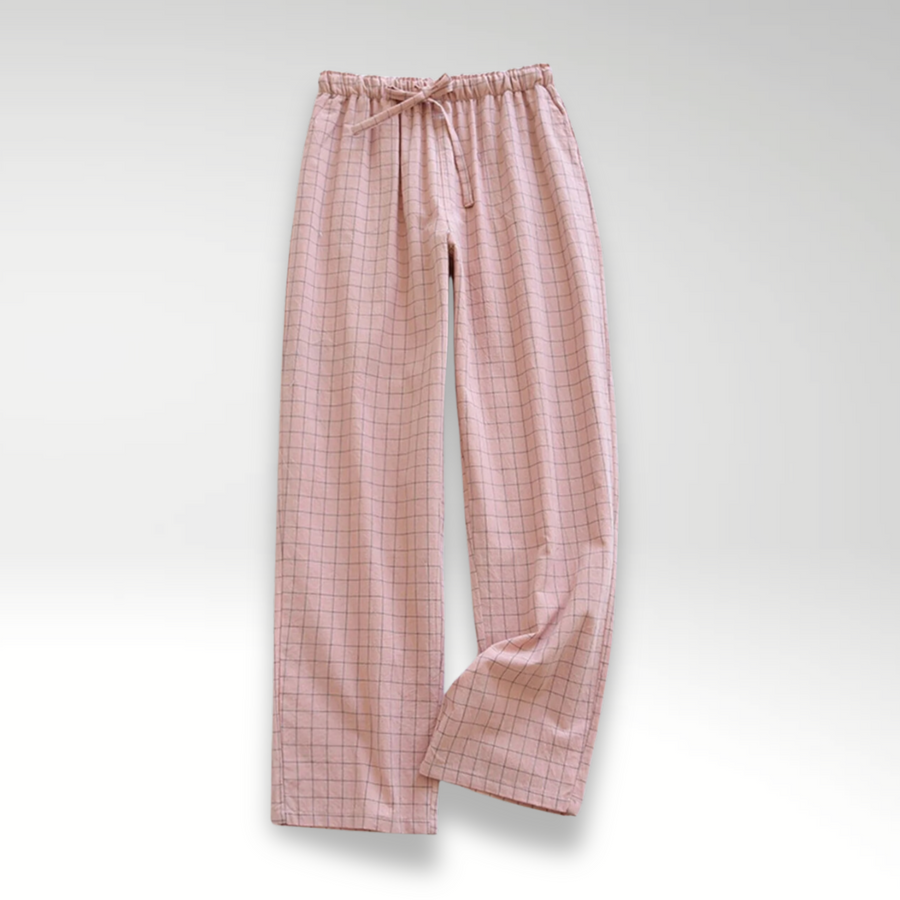 Pantaloni in cotone con coulisse, rosa a quadretti, vita elastica e gamba ampia
