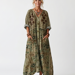 Green button-front embroidered oversized pocket midi dress with V-neck