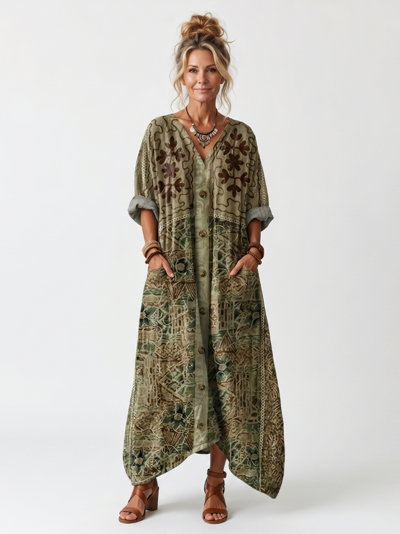 Green button-front embroidered oversized pocket midi dress with V-neck
