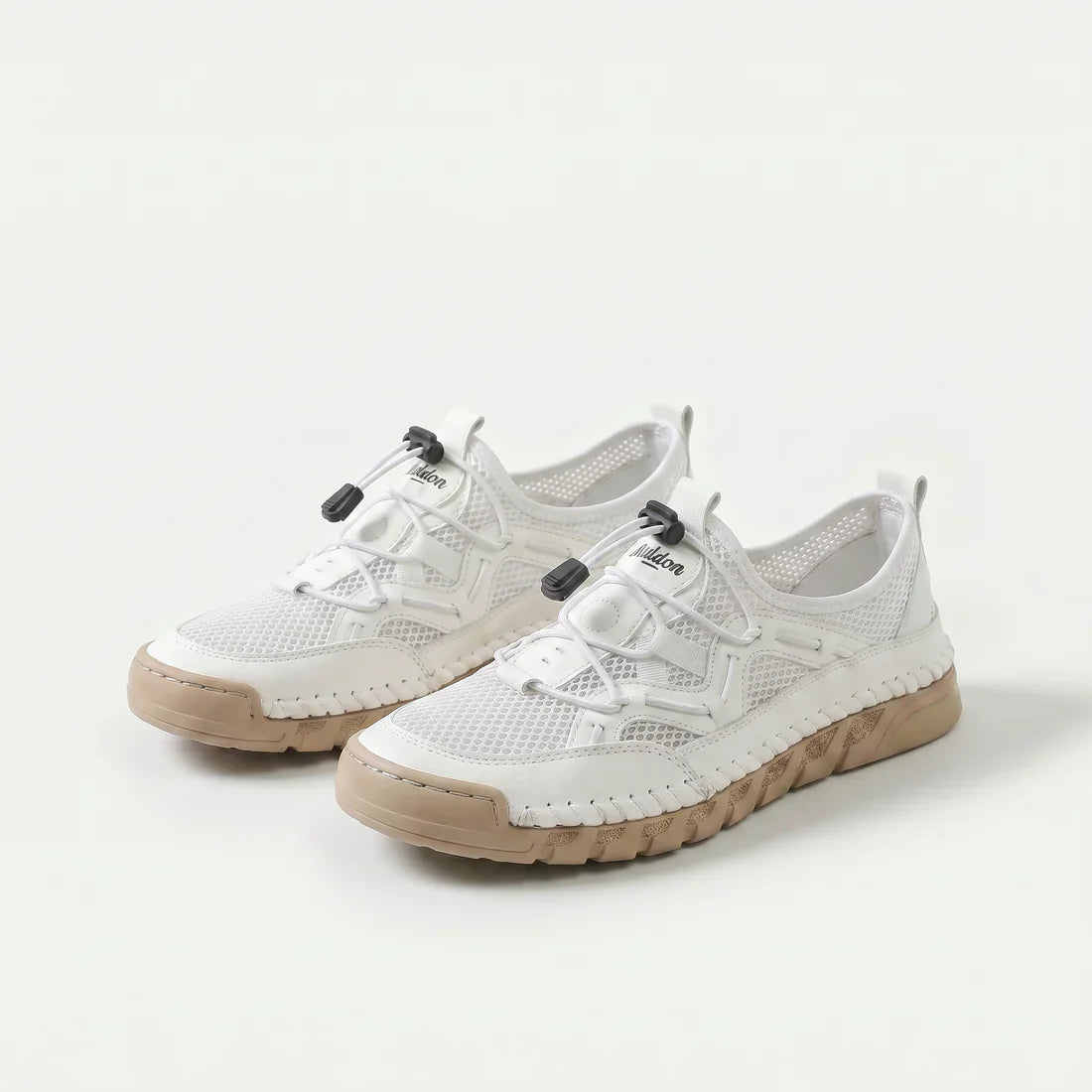 Scarpe comfort traspiranti bianche con lacci, tessuto traforato e suola beige