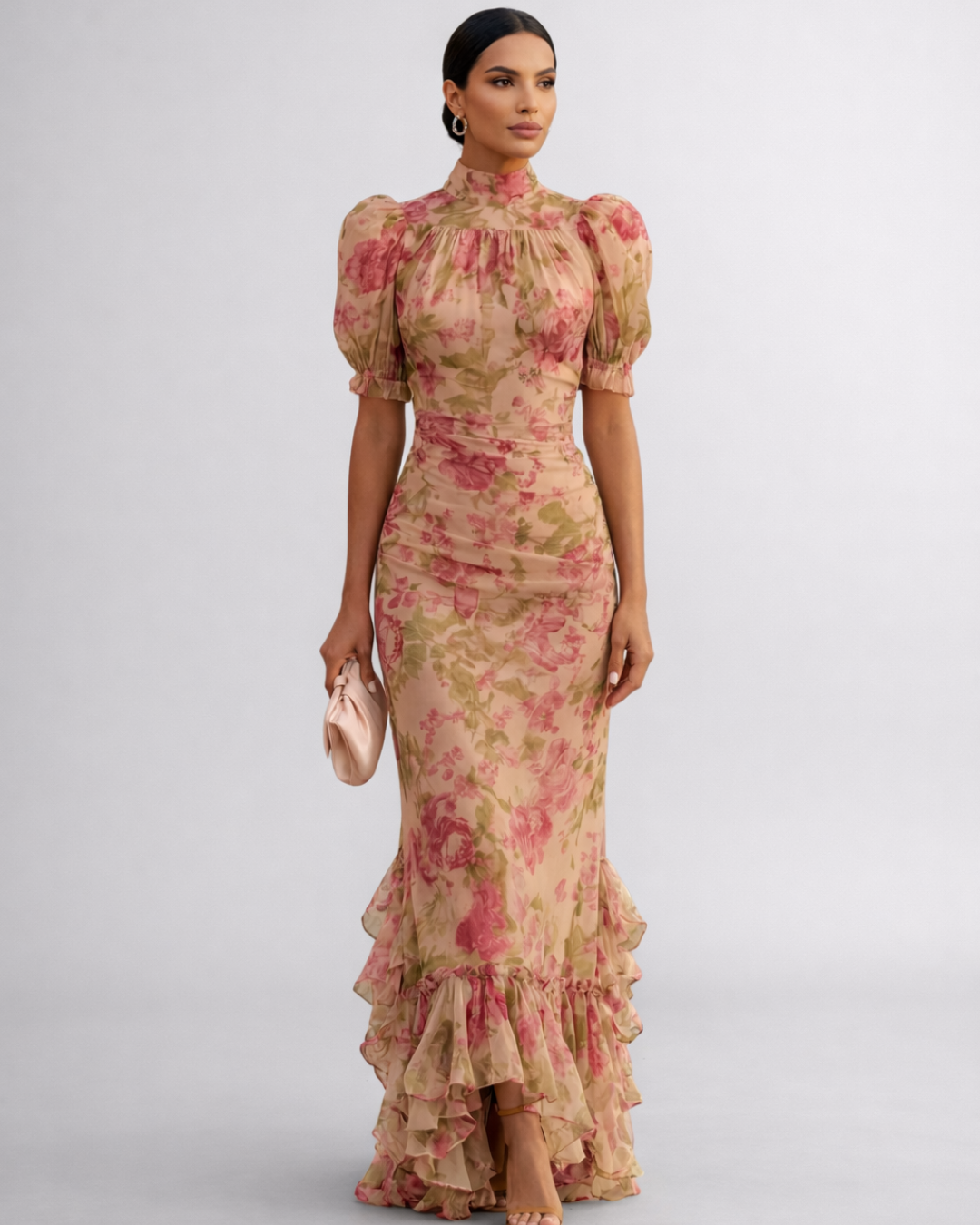 Abito lungo in chiffon floreale rosa-verde, collo alto e balze sul fondo