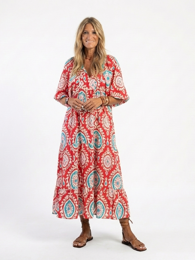 Paisley print V-neck midi dress in red with teal and white