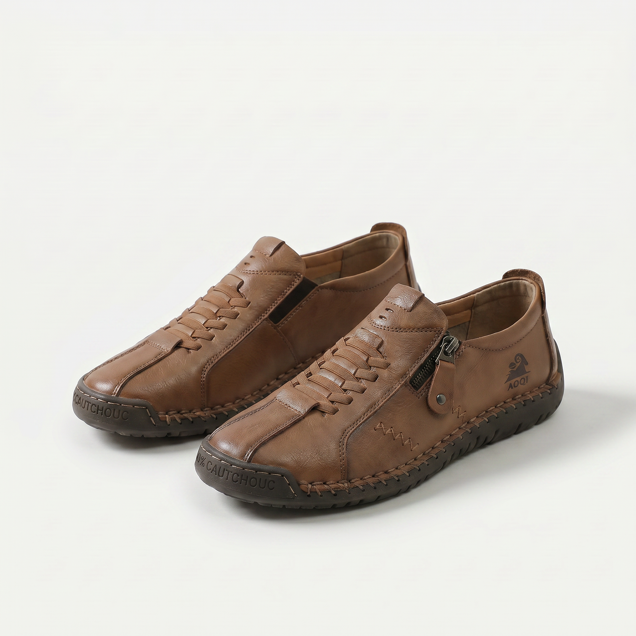 Scarpe comfort ergonomiche marroni con lacci e zip laterale, suola ammortizzata.