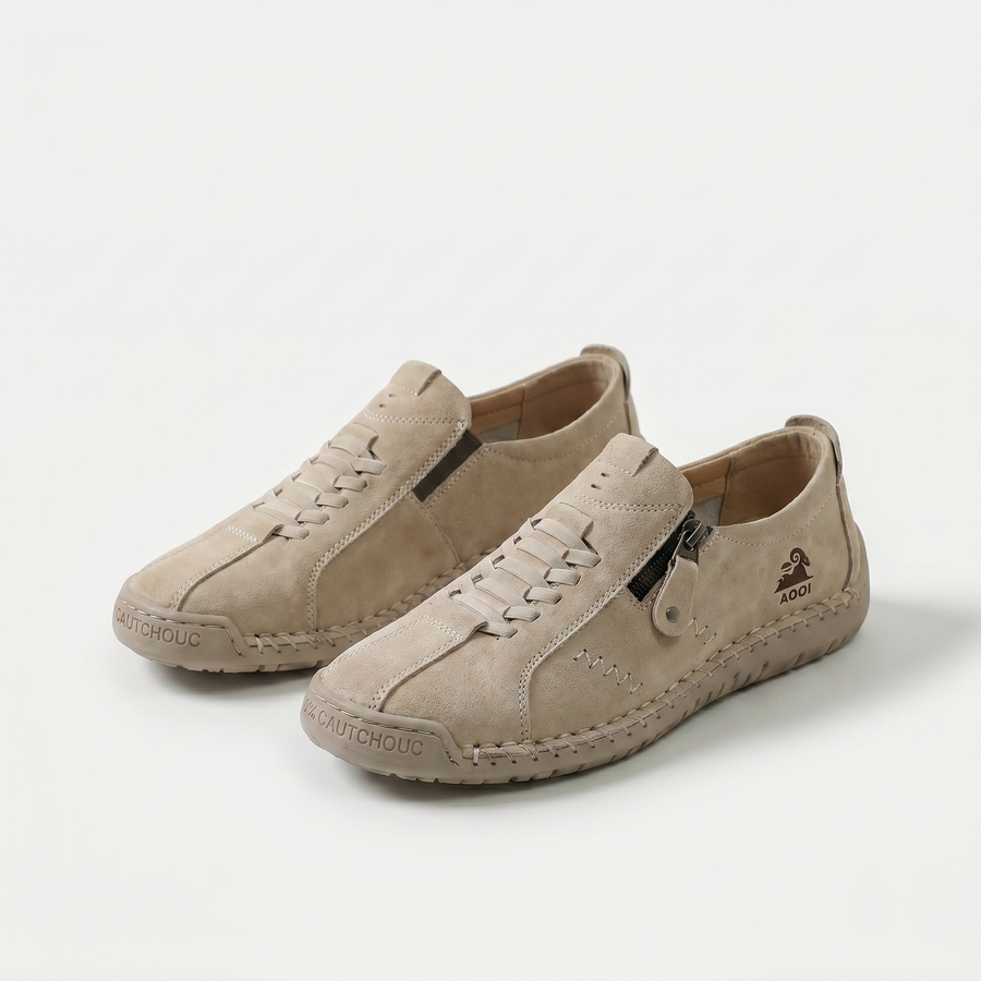 Scarpe comfort ergonomiche color kaki con lacci e zip laterale.