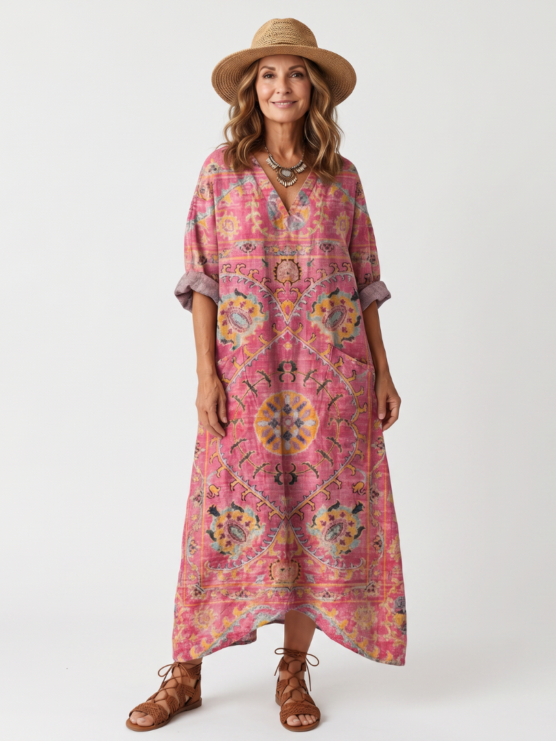 Pink abstract print relaxed pocket midi dress with V-neck, loose fit, three-quarter sleeves