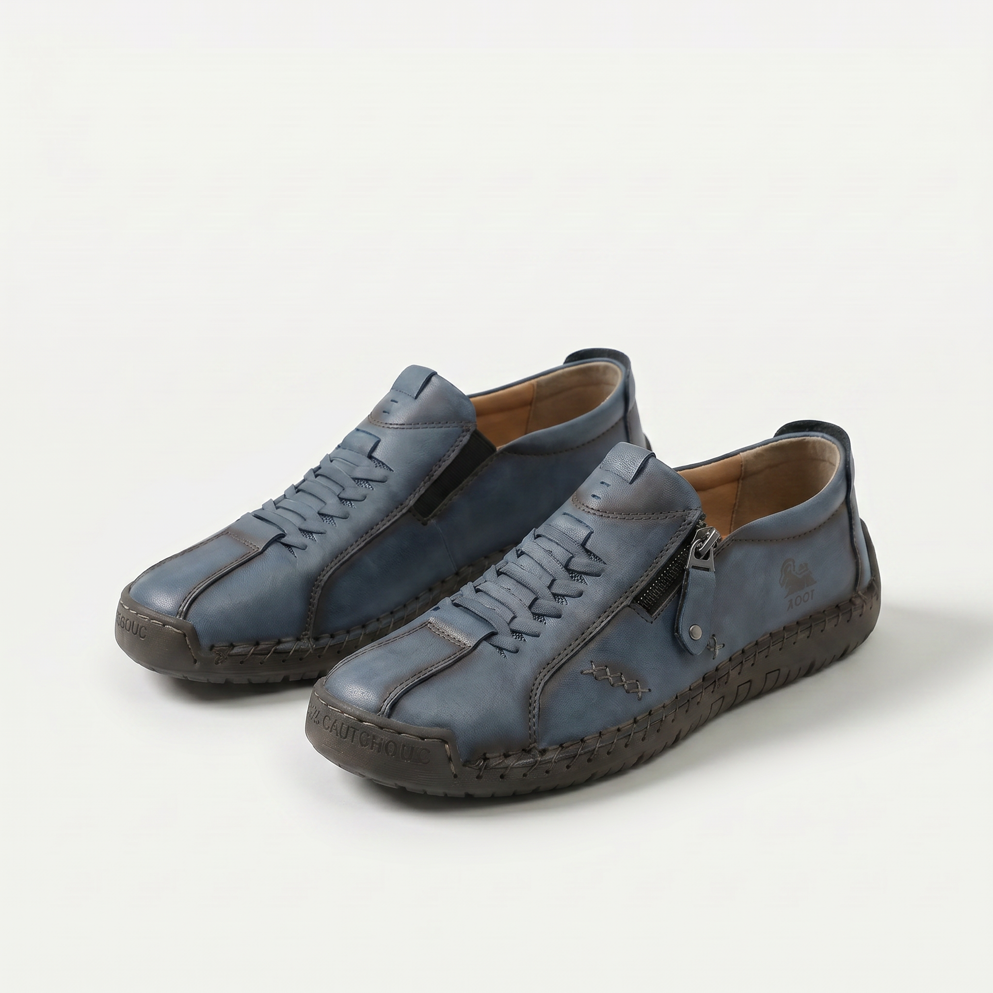 Scarpe comfort ergonomiche blu scuro con lacci e zip laterale, suola spessa.