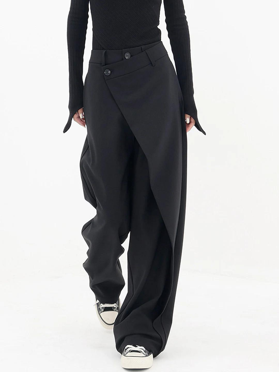 Pantaloni neri a vita alta, gamba ampia, dettaglio drappeggio davanti e bottoni