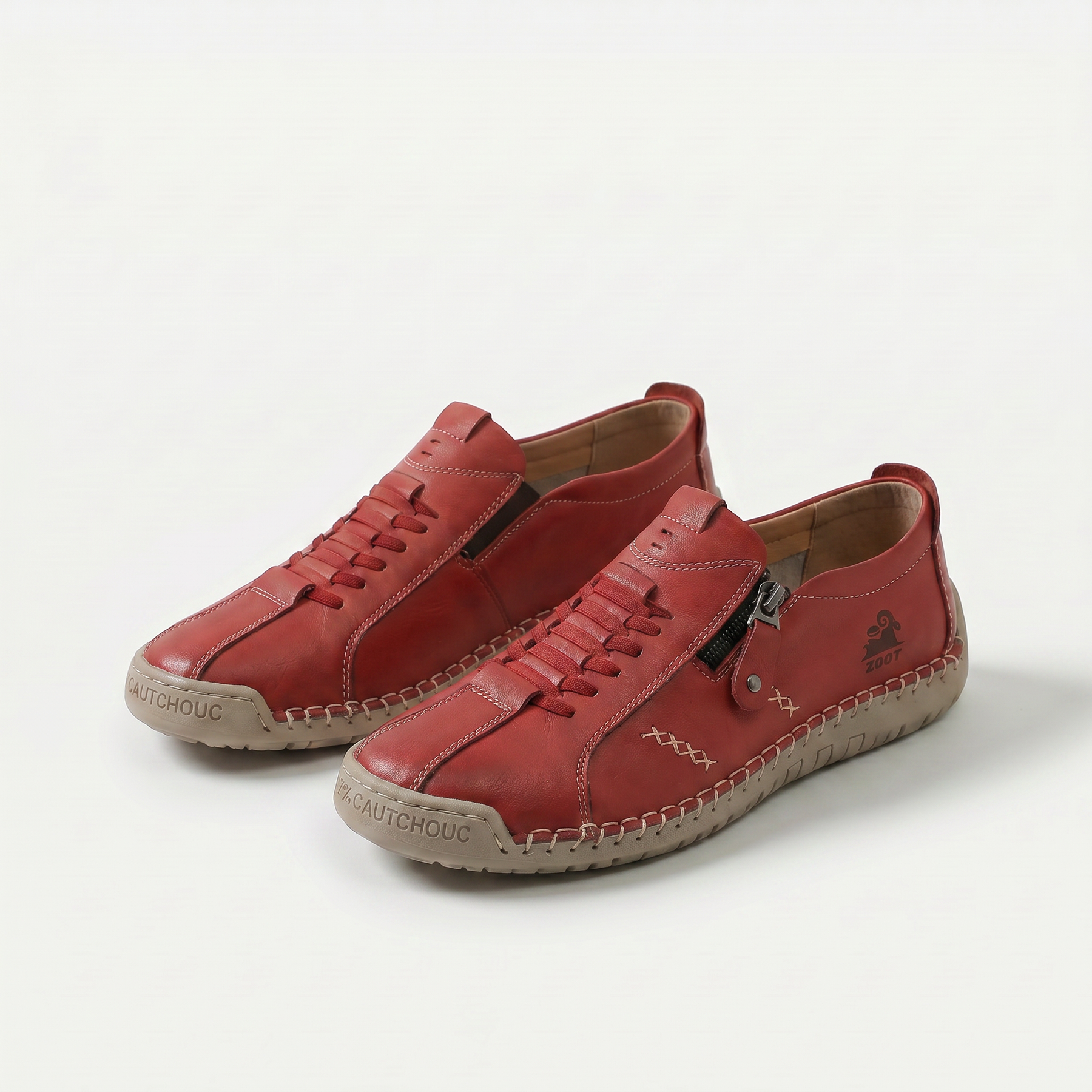 Scarpe comfort ergonomiche rosse in pelle con lacci e suola ammortizzata.