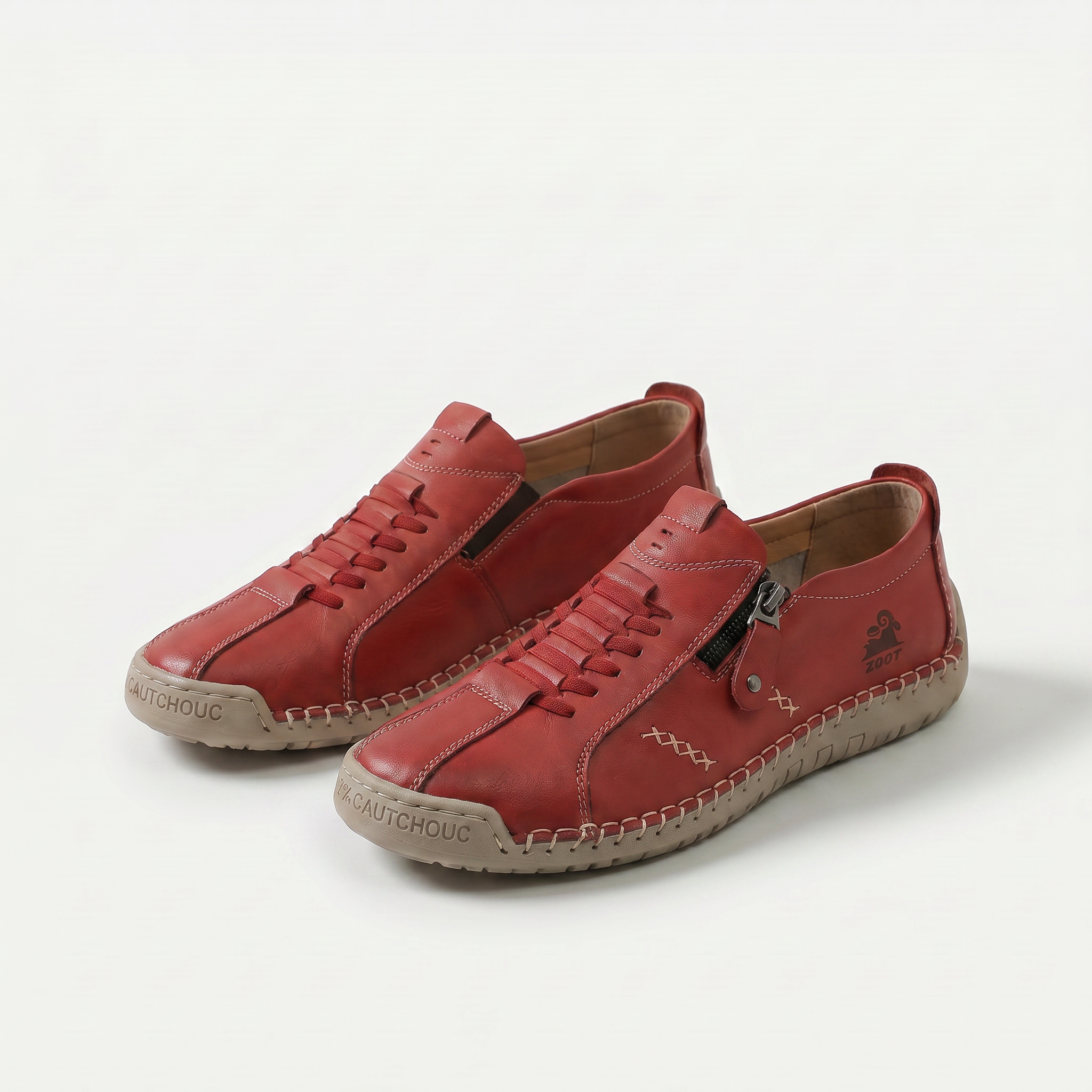 Scarpe comfort ergonomiche rosse in pelle con lacci e suola ammortizzata.