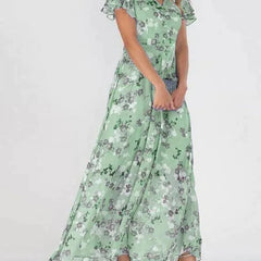 Green floral maxi dress with short flutter sleeves and V-neck front