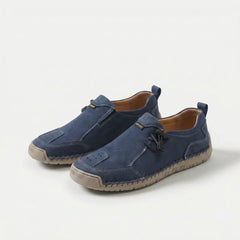 Scarpe Comfort Lina blu scuro con fibbia, lacci elastici e suola spessa zigrinata