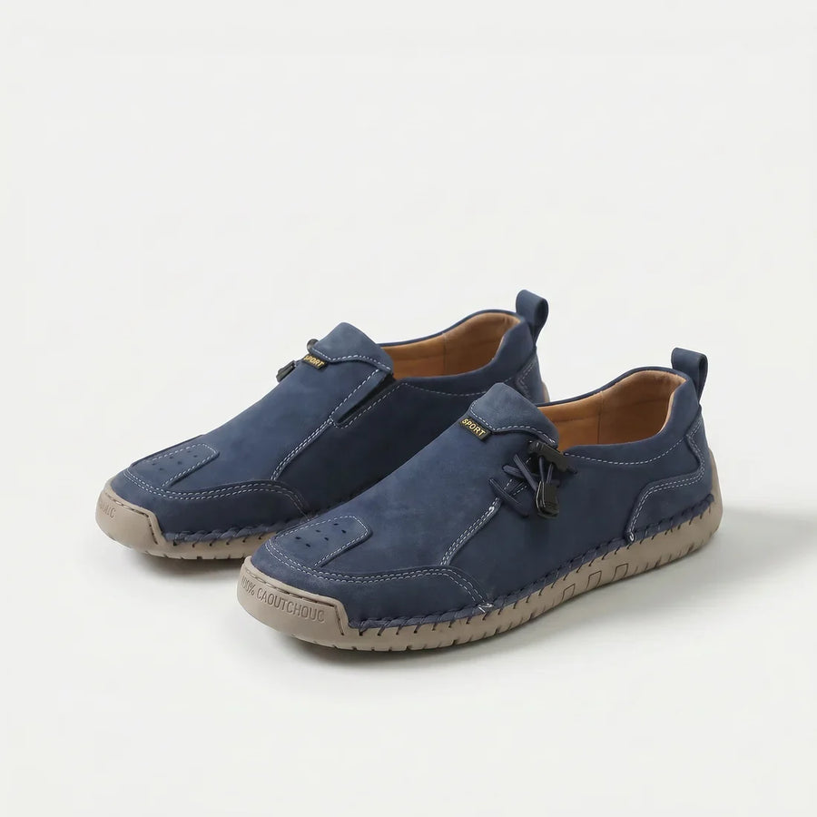 Scarpe Comfort Lina blu scuro con fibbia, lacci elastici e suola spessa zigrinata