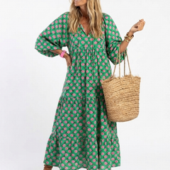 Dark green floral print V-neck tiered midi dress with 3/4 puff sleeves