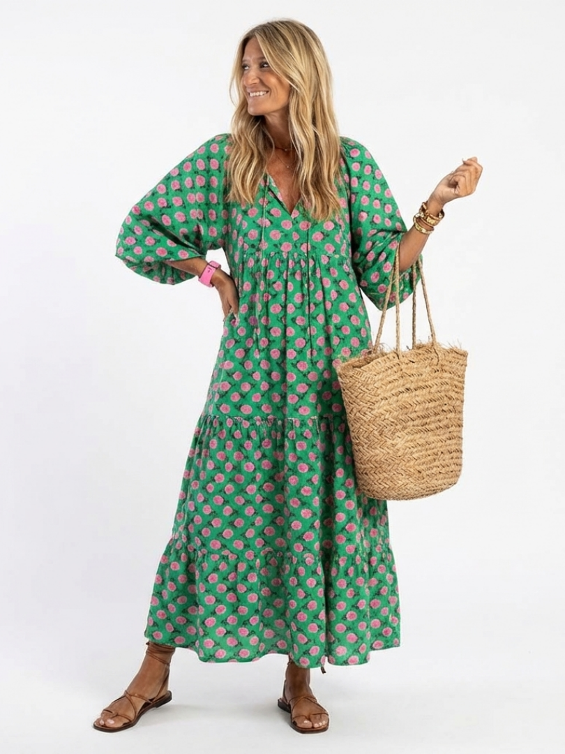 Dark green floral print V-neck tiered midi dress with 3/4 puff sleeves