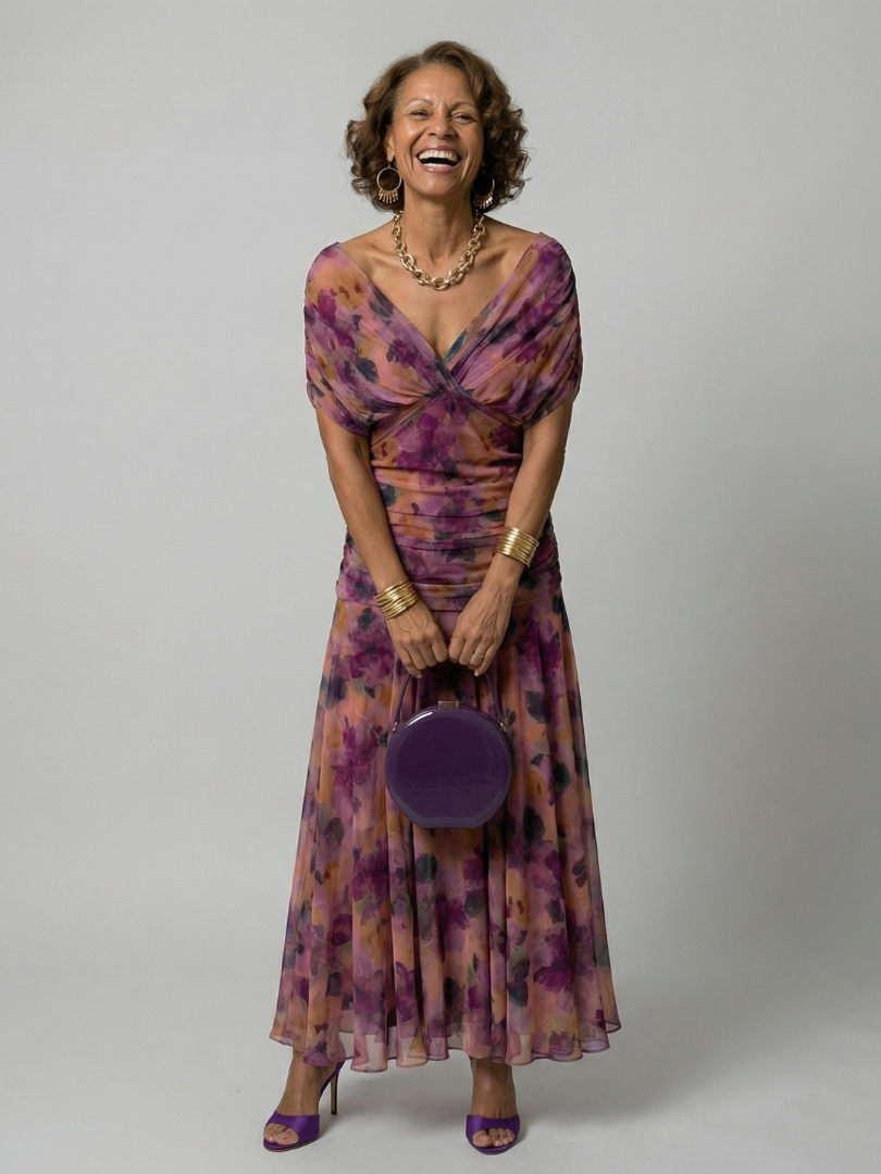Off-shoulder flowy midi dress in purple floral print with ruched, twist neckline