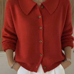Women’s red button-collar cardigan sweater with front buttons and collared neckline