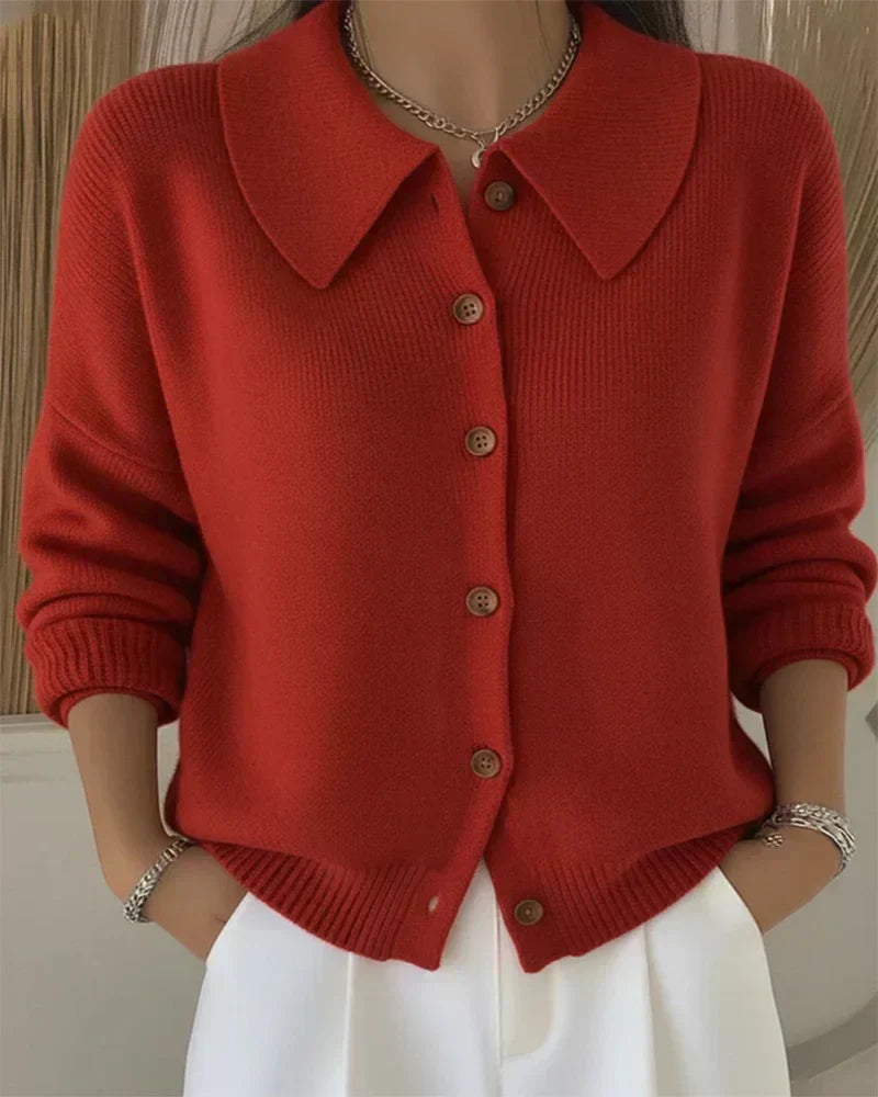 Women’s red button-collar cardigan sweater with front buttons and collared neckline