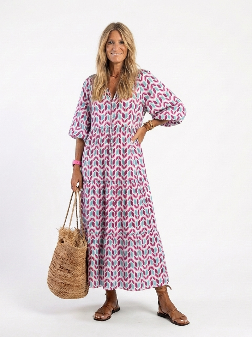 Geometric print tiered midi dress with long sleeves, V-neck, lilac and teal pattern