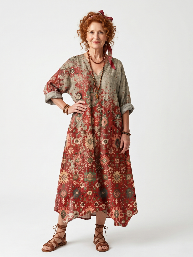 Multicolor floral patterned relaxed midi dress with V-neck, side pockets, rolled sleeves