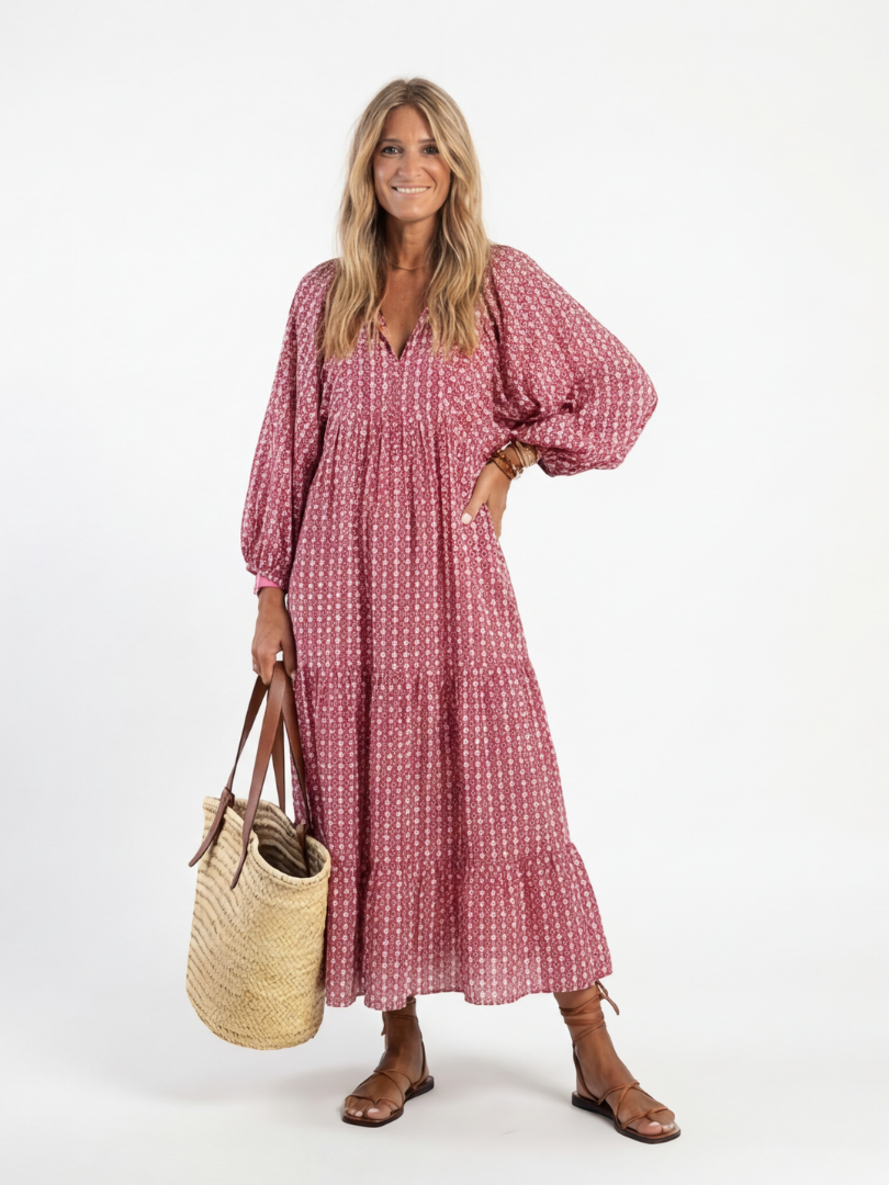 Geometric print dusty rose long-sleeve midi dress with V-neck and gathered waist