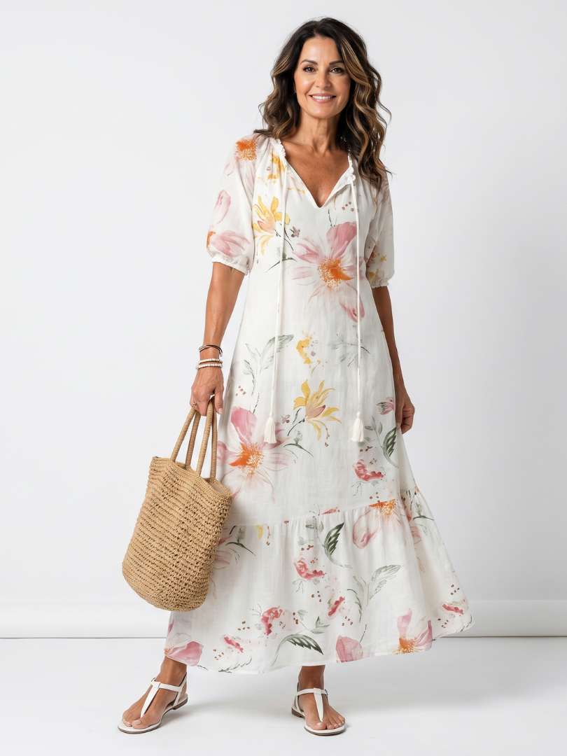 White floral tiered midi dress with V-neck and 3/4 sleeves