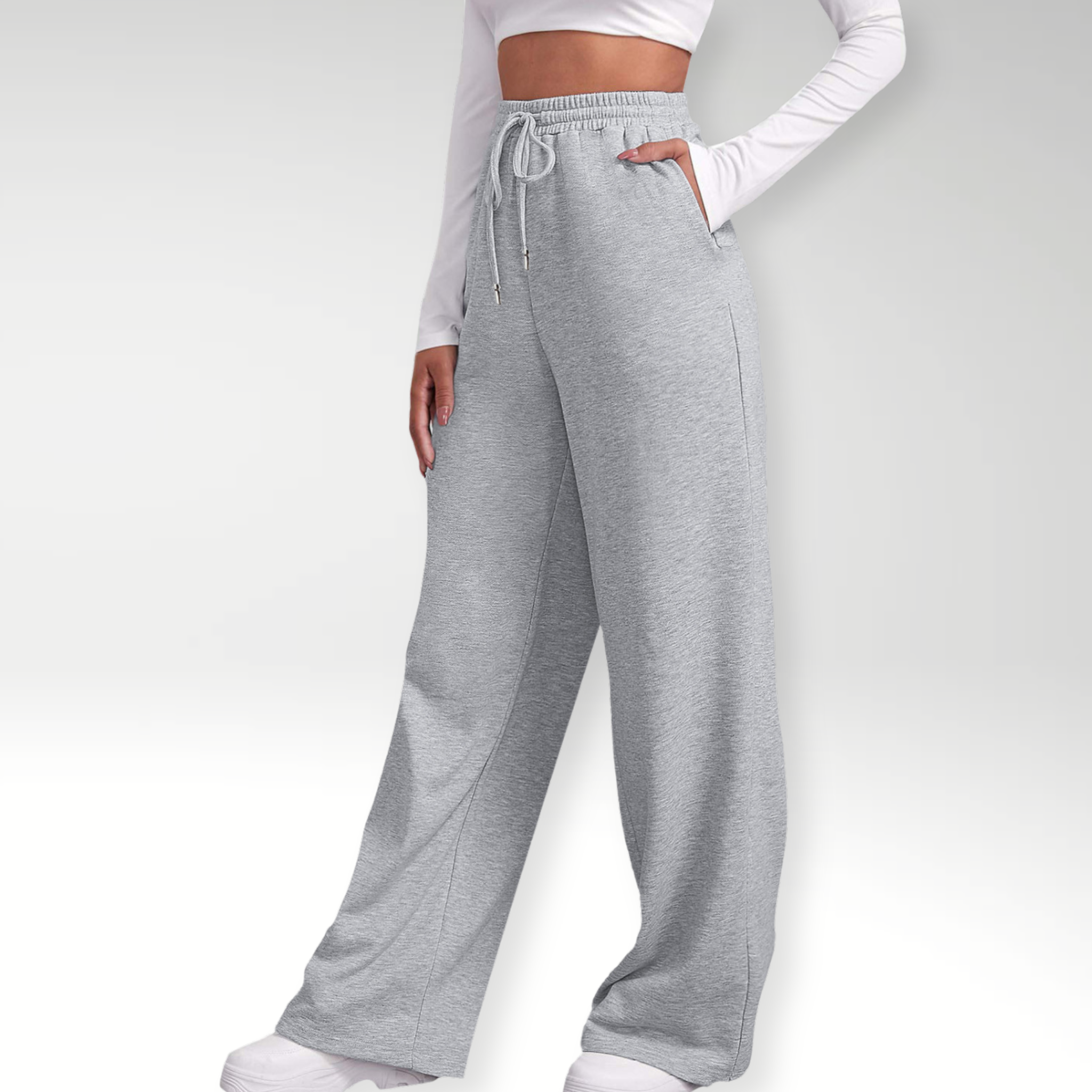 Pantaloni jogger a gamba larga grigi, vita elasticizzata con coulisse e gamba ampia