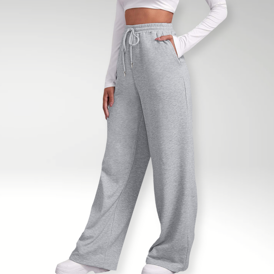 Pantaloni jogger a gamba larga grigi, vita elasticizzata con coulisse e gamba ampia