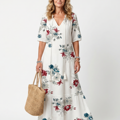 White floral midi dress with short sleeves and V-neck