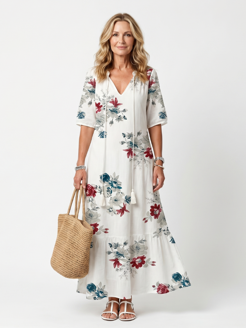 White floral midi dress with short sleeves and V-neck