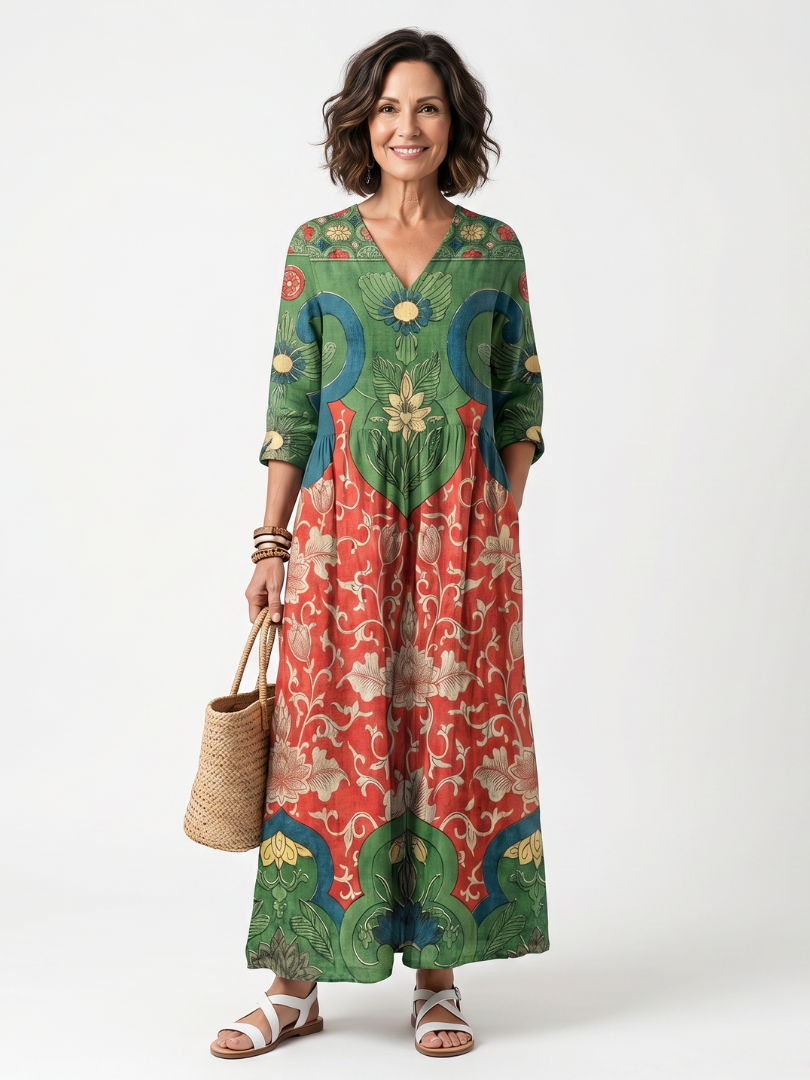 Multicolor mixed-print V-neck midi dress with side pockets, elbow sleeves