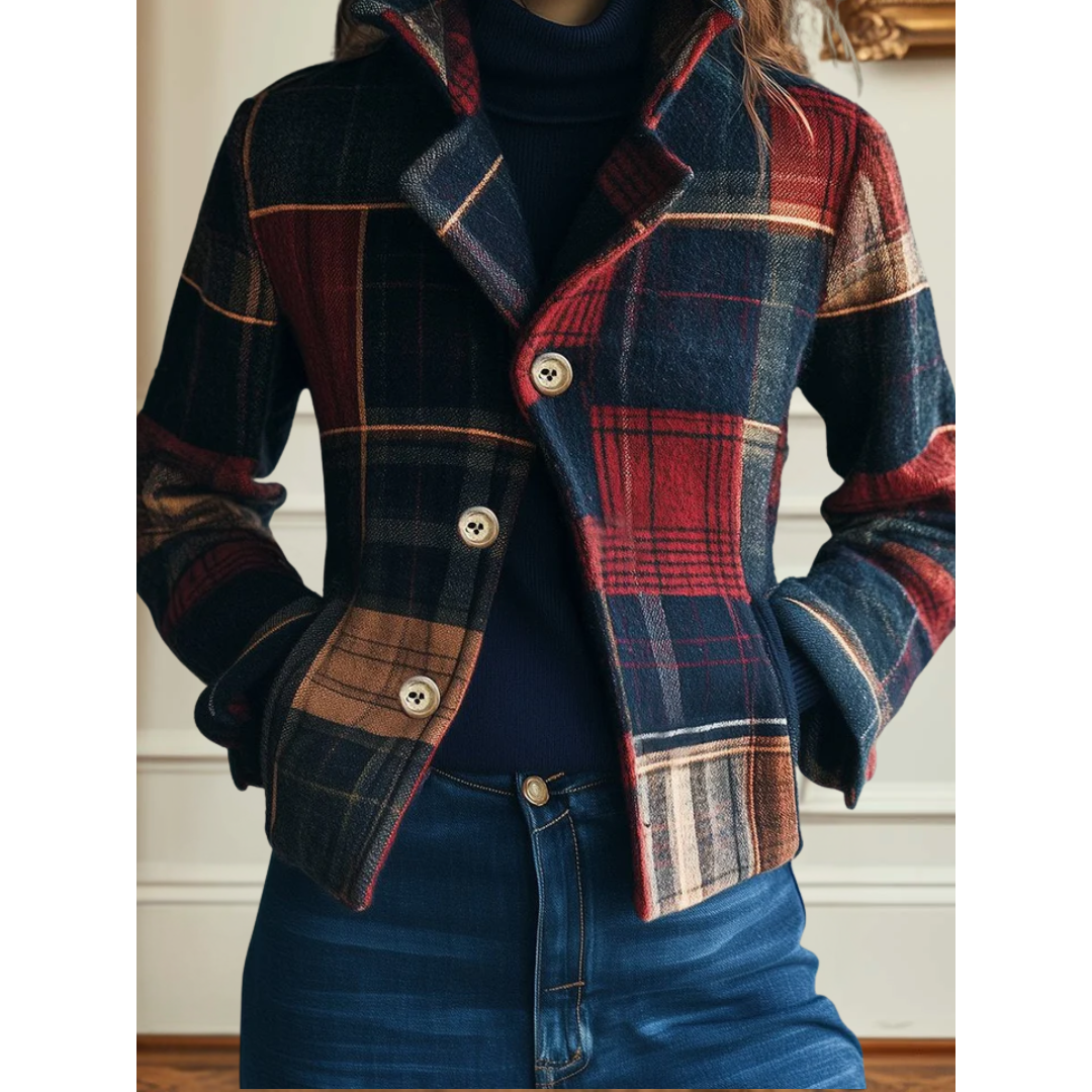 Plaid wool jacket with button front, red blue brown and tan patchwork blocks.