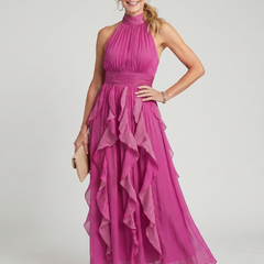 Pink high-neck gathered ruffle layers maxi dress, sleeveless halter style
