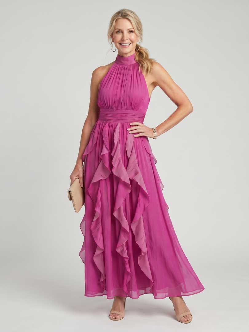 Pink high-neck gathered ruffle layers maxi dress, sleeveless halter style