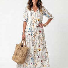 Botanical print midi dress with tassel tie, white base, short sleeves, gathered skirt
